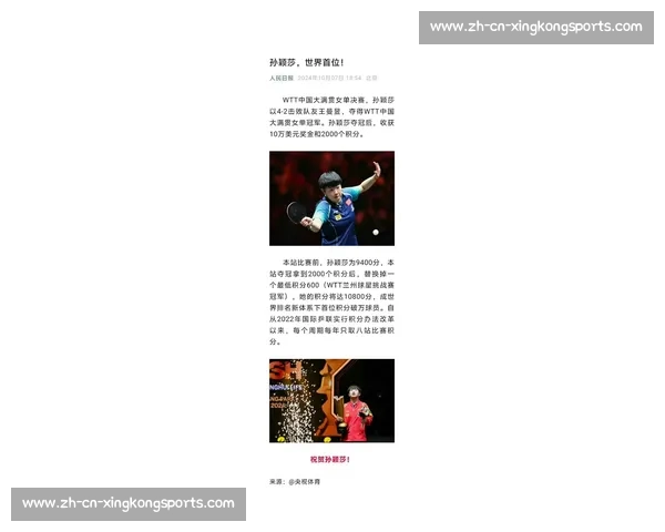 孙颖莎 11250 分断层领跑世界排名！连续 154 周稳居榜首创历史