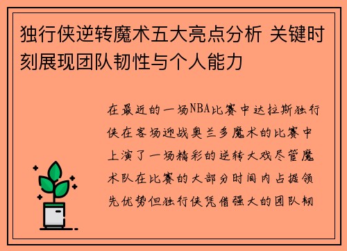 独行侠逆转魔术五大亮点分析 关键时刻展现团队韧性与个人能力